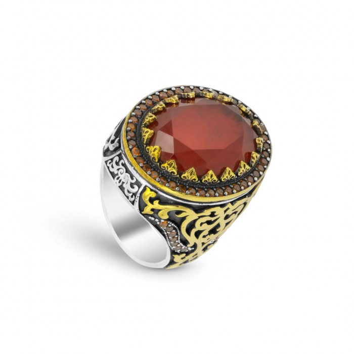 925 Sterling Silver Oval-Shaped Men's Ring with Red Agate