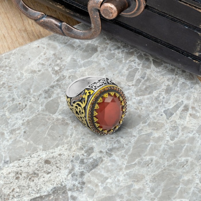 925 Sterling Silver Oval-Shaped Men's Ring with Red Agate