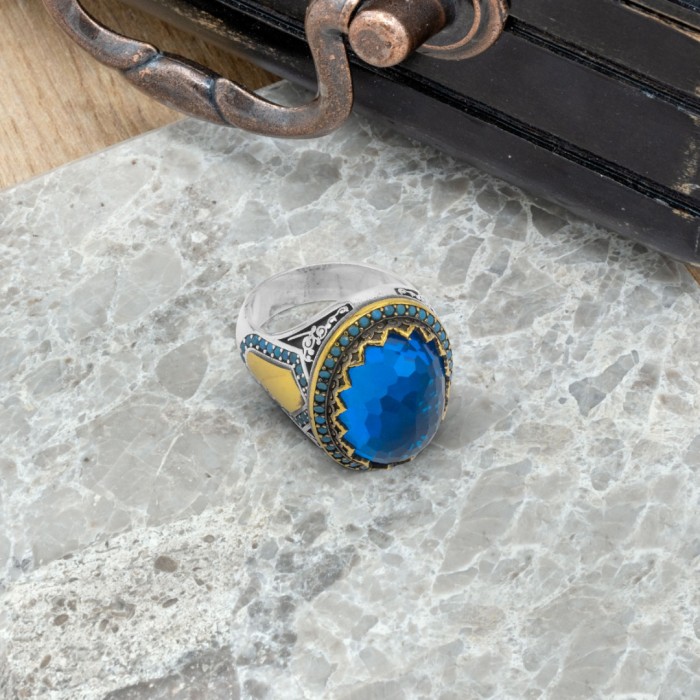 Men's Rings with Pure Silver and Precious Blue Stones