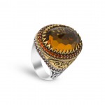 Men's Sterling Silver Ring with Agate Stone and Brown Zircon: Elegant Ottoman Design