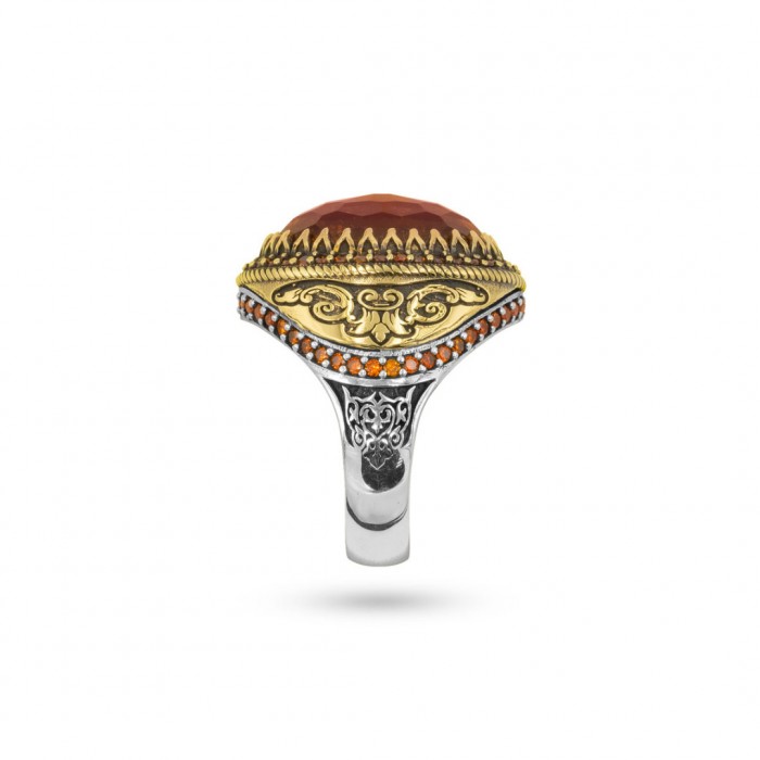 Men's Sterling Silver Ring with Agate Stone and Brown Zircon: Elegant Ottoman Design