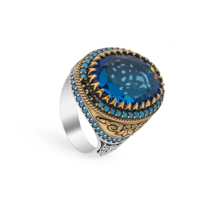 Men's Sterling Silver Ring with Sky Blue Zircon Stone: Exquisite Turkish Design