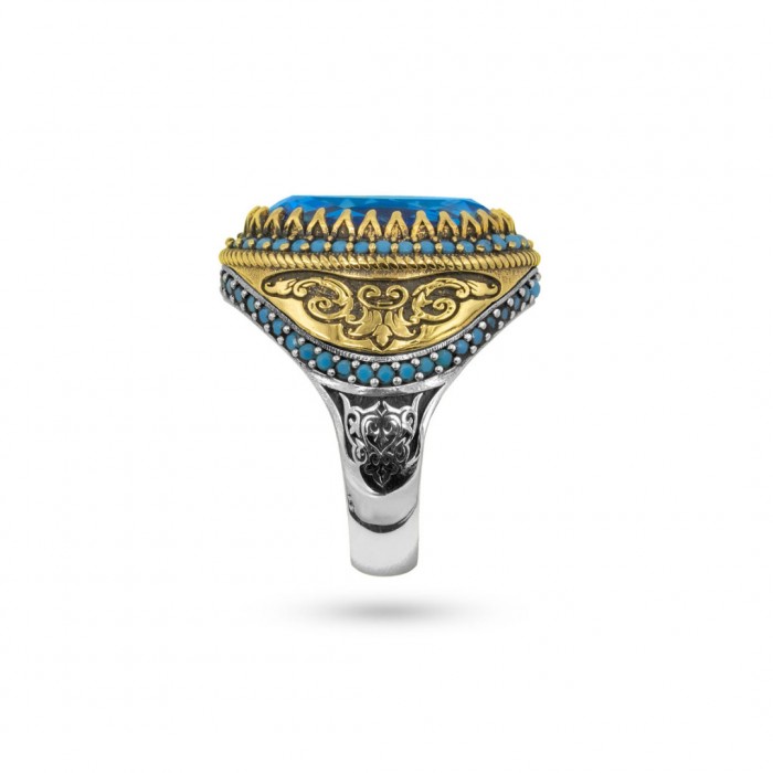 Men's Sterling Silver Ring with Sky Blue Zircon Stone: Exquisite Turkish Design