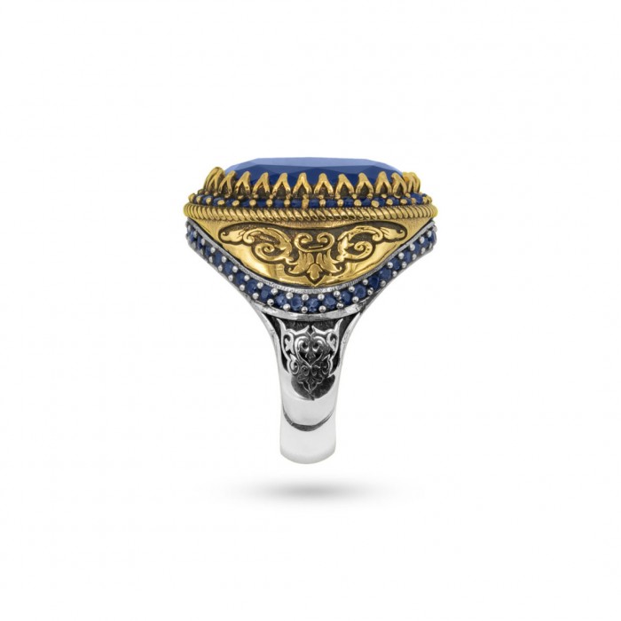 Men's Silver Ring with Royal Blue Zircon: Elegant Turkish Craftsmanship