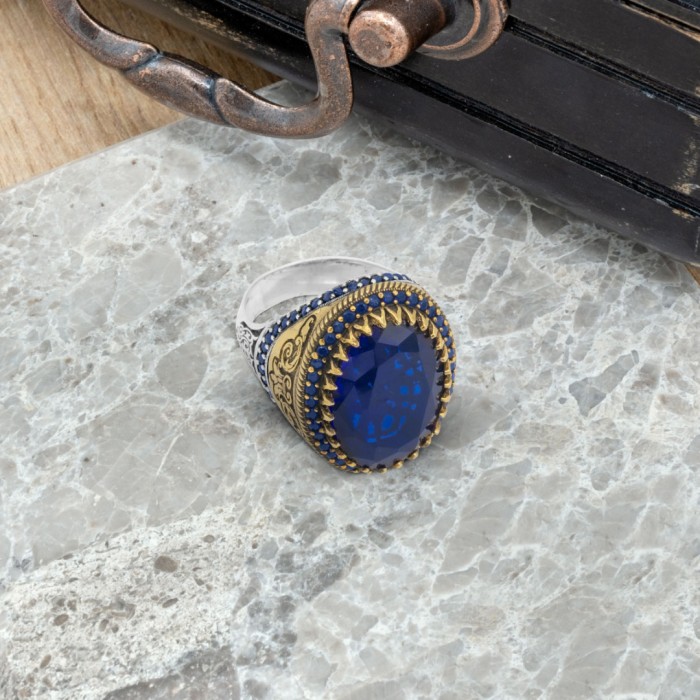 Men's Silver Ring with Royal Blue Zircon: Elegant Turkish Craftsmanship