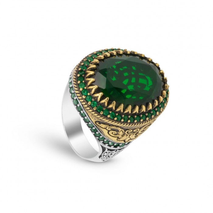 Turkish Ottoman Silver Ring with Green Zirconia Stones: A Blend of Tradition and Elegance