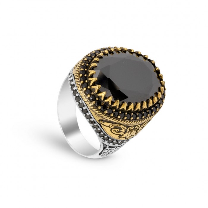 Silver Inlaid Sultan's Gold Ring with Black Zircon Stone: Latest Designs for Men’s Daily Wear