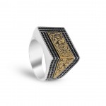 Regal Elegance: Men's Silver Ring with Intricate Inscriptions and Zircon Stones