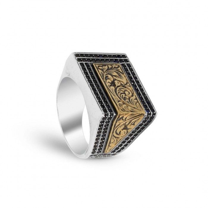 Regal Elegance: Men's Silver Ring with Intricate Inscriptions and Zircon Stones