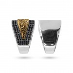 Regal Elegance: Men's Silver Ring with Intricate Inscriptions and Zircon Stones