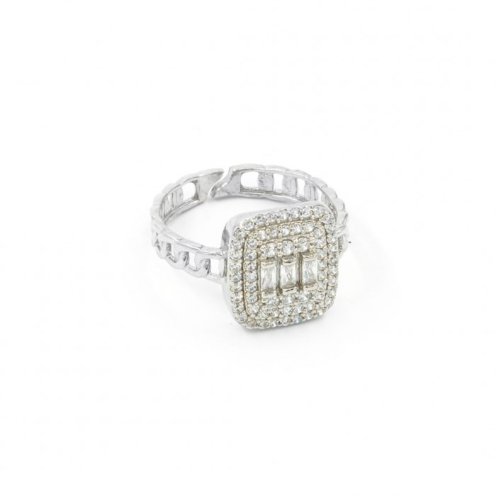 Women's 925 Silver Rhodium-Plated Ring Studded with Zircon Stone in an Elegant Chain Design