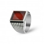 Stylish Men's Ring with Square Red Zircon Stone - 925 Sterling Silver