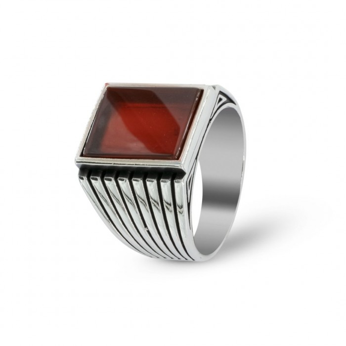 Stylish Men's Ring with Square Red Zircon Stone - 925 Sterling Silver