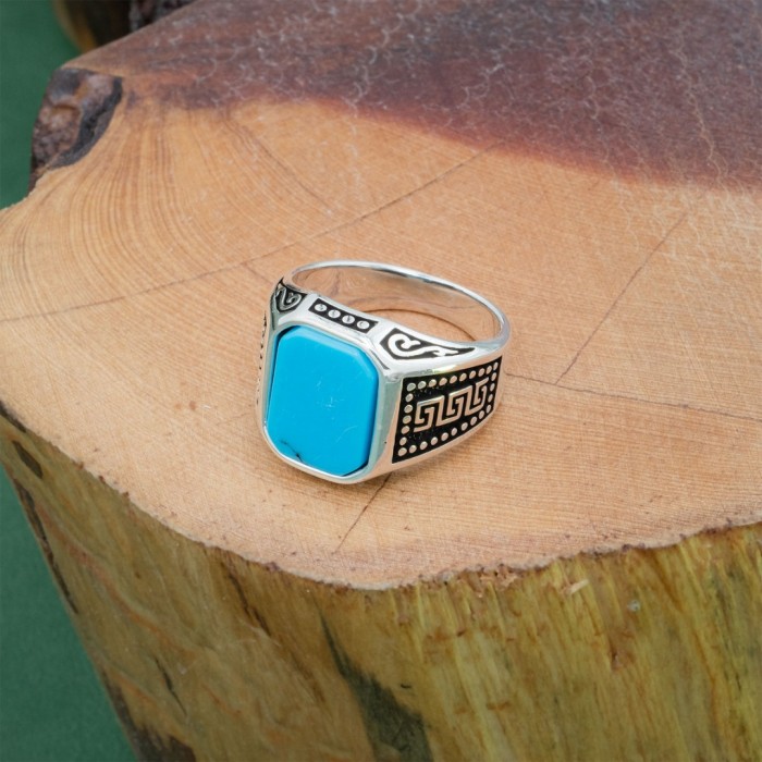 925 Sterling Silver Men's Ring Adorned with Blue Agate Stone for Blessings and Spiritual Essence