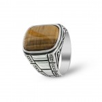 Men's Silver Ring with Yellow and Gold Tiger's Eye Stone - Semi-Flat Shape, Exquisite Side Decorations