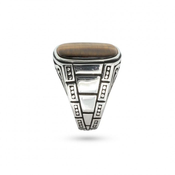 Men's Silver Ring with Yellow and Gold Tiger's Eye Stone - Semi-Flat Shape, Exquisite Side Decorations