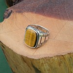 Men's Silver Ring with Yellow and Gold Tiger's Eye Stone - Semi-Flat Shape, Exquisite Side Decorations