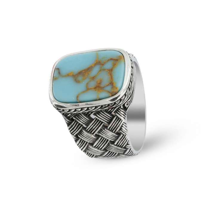 925 Sterling Silver Ring with Mesh Design for Men Studded with Blue Turquoise Stone