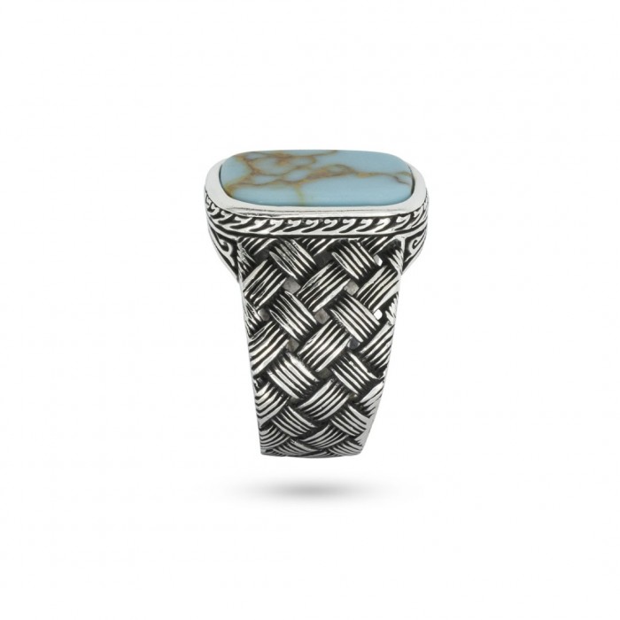 925 Sterling Silver Ring with Mesh Design for Men Studded with Blue Turquoise Stone