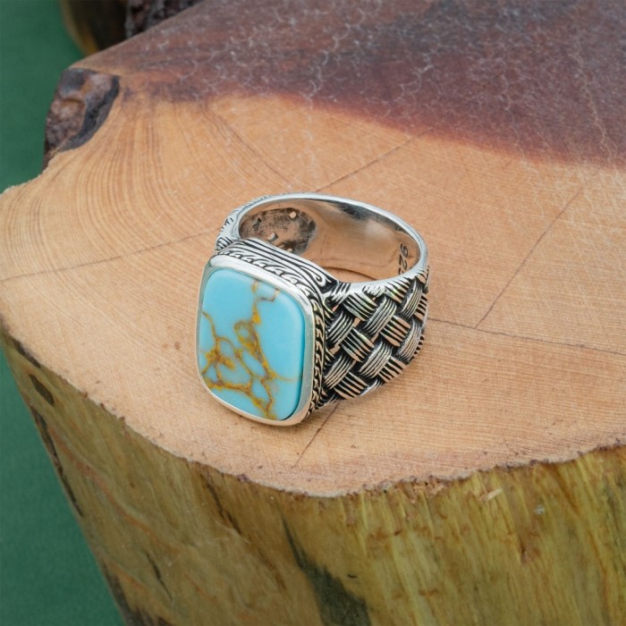 925 Sterling Silver Ring with Mesh Design for Men Studded with Blue Turquoise Stone