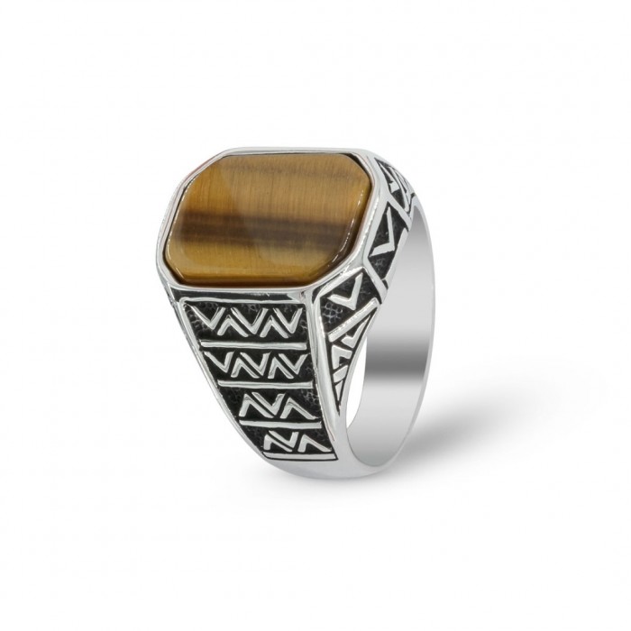 925 Sterling Silver Men's Ring with Tiger's Eye Stone and Engraved Letter Waw