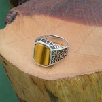 925 Sterling Silver Men's Ring with Tiger's Eye Stone and Engraved Letter Waw