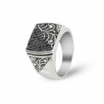 Elegant 925 Sterling Silver Men's Ring with Black Zircon Stones and Floral Ddecoration