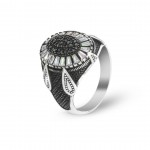 Men's 925 Silver Ring with Black and White Zircon Stones - Geometric Design with Raindrop Ends