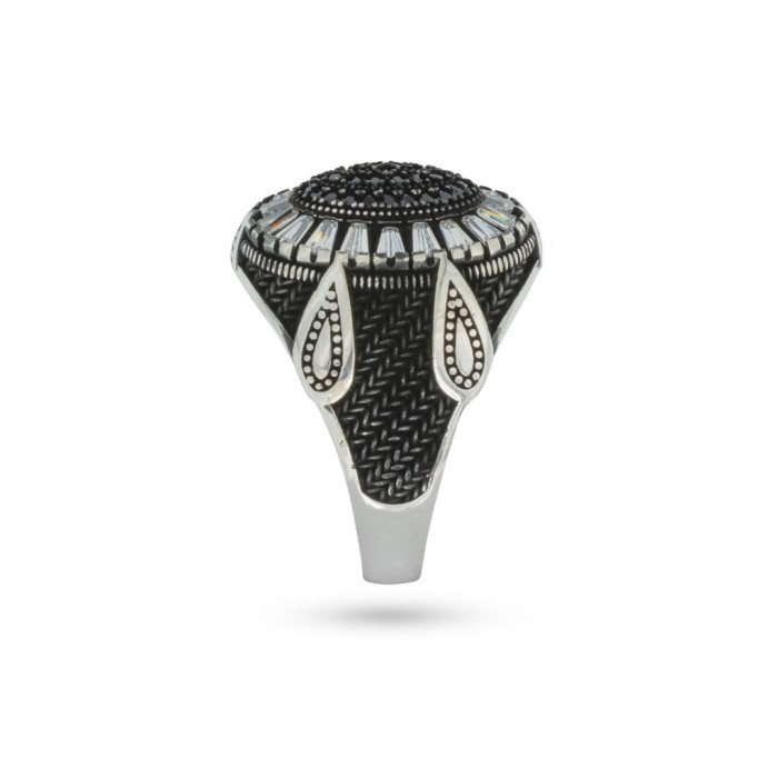 Men's 925 Silver Ring with Black and White Zircon Stones - Geometric Design with Raindrop Ends