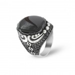 925 Sterling Silver Men's Ring with Natural Black Agate Stone - Handmade Turkish Design