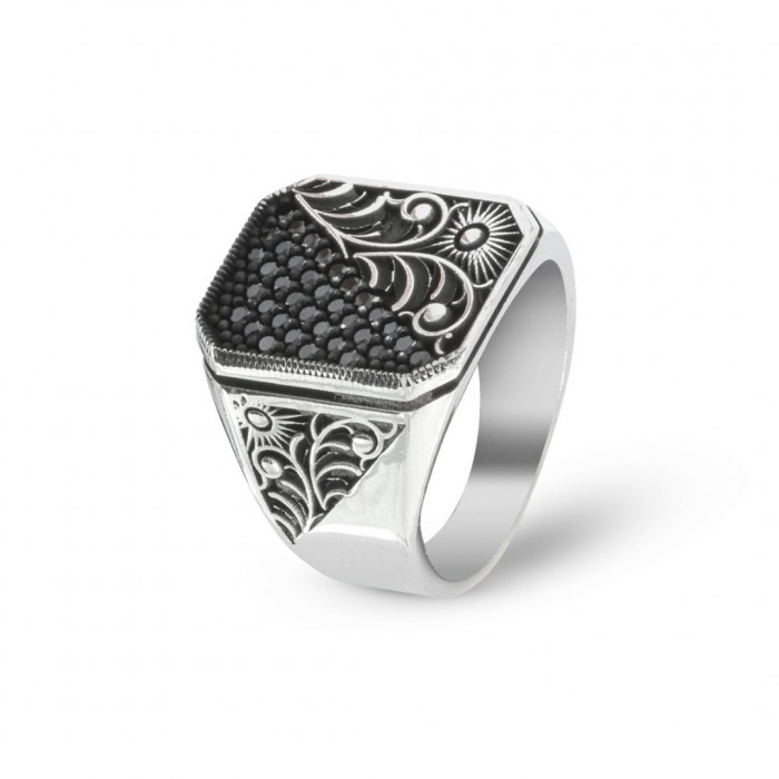 Black Elegance, 925 Silver Sterling Ring with Zircon Stones and Exquisite Decoration