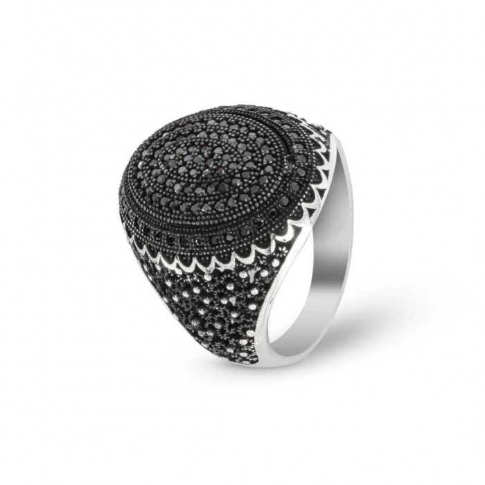 Black Elegance, Men's 925 Silver Sterling Ring Studded with Black Zircon Stones