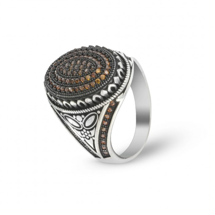 Elegant 925 Silver Ring with Orange Zircon Stones - Handmade Men's Jewelry from Turkey