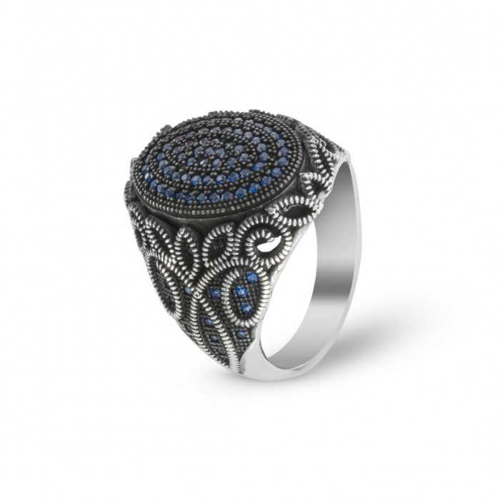 Handcrafted Men's Ring: Sterling Silver with Blue Zircon Stones