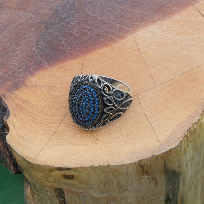 Handcrafted Men's Ring: Sterling Silver with Blue Zircon Stones