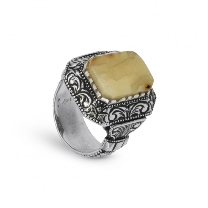 Men's Ring with Natural Agate Stone in 925 Sterling Silver with Ottoman Castle Look