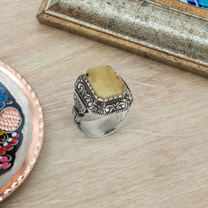 Men's Ring with Natural Agate Stone in 925 Sterling Silver with Ottoman Castle Look