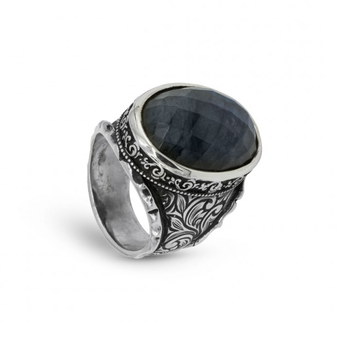 925 Sterling Silver Black Yemeni Agate Ring - Antique Design for Men