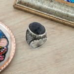 925 Sterling Silver Black Yemeni Agate Ring - Antique Design for Men