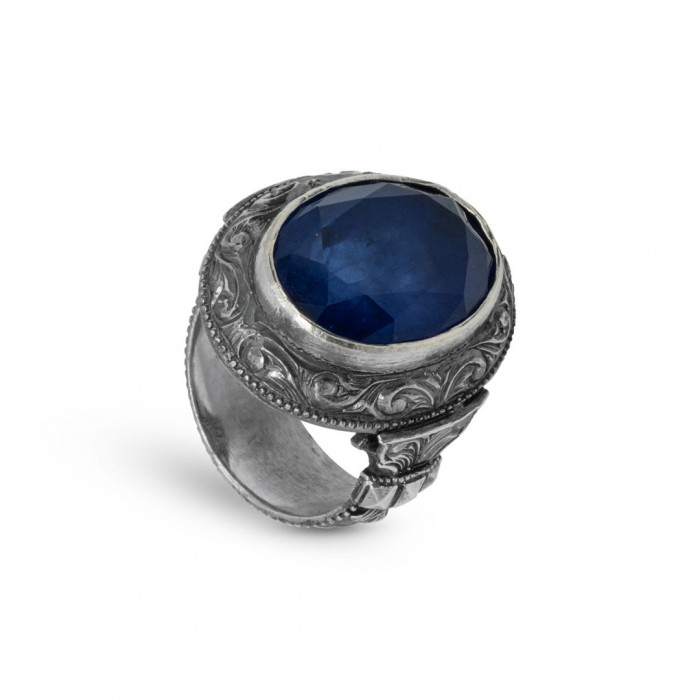 Men's Sterling Silver Ring with Oval Blue Agate Stone