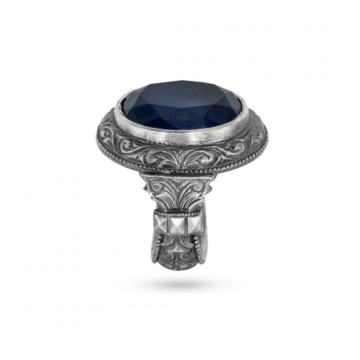 Men's Sterling Silver Ring with Oval Blue Agate Stone