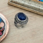 Men's Sterling Silver Ring with Oval Blue Agate Stone