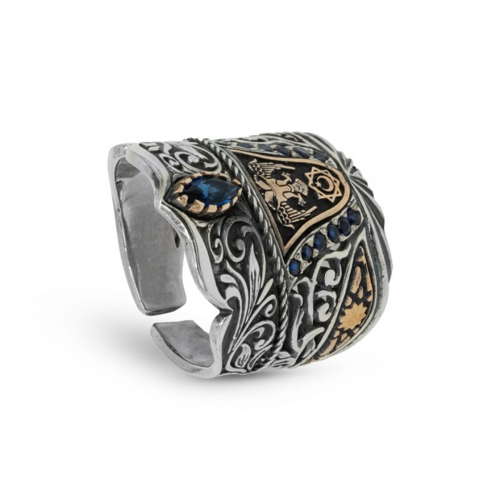 Sterling Silver Men's Ottoman Ring with Eagle Design and Diamond Stone