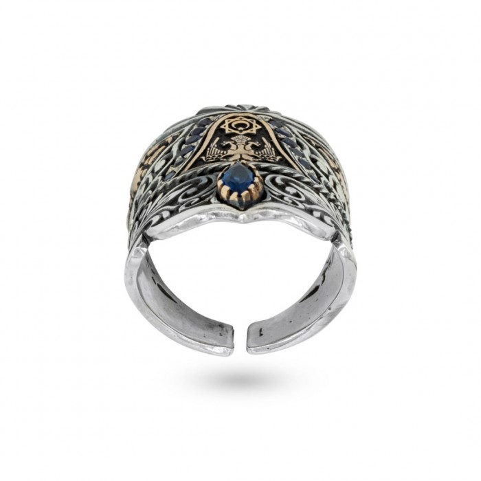 Sterling Silver Men's Ottoman Ring with Eagle Design and Diamond Stone